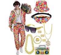 WILDPARTY Tenue Déguisement années 80 90 Homme, Survêtement avec Accessoires Gonflables Ghettoblaster, Sac Banane, Lunettes, Chapeau, Collier, Bracelet, Bague, pour Carnaval et Fêtes à Thème
