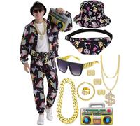 WILDPARTY Tenue Déguisement années 80 90 Homme, Survêtement avec Accessoires Gonflables Ghettoblaster, Sac Banane, Lunettes, Chapeau, Collier, Bracelet, Bague, pour Carnaval et Fêtes à Thème