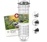 WILDTIER LIEBE Distributeur de boules de graisse en acier inoxydable 31 cm, argenté - Distributeur de nourriture pour oiseaux en acier inoxydable, mangeoire pour oiseaux, colonne d'alimentation, silo