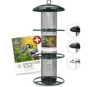 wildtier liebe Distributeur de nourriture pour oiseaux, 35 cm, vert - Distributeur de nourriture pour cacahuètes en métal inoxydable - Mangeoire pour oiseaux, noix, cacahuètes, silo d'alimentation