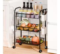 Wilitto Chariot à fruits et légumes fin à roulettes avec égouttoir amovible avec 6 crochets et 2 étagères latérales, étagère à fruits, étagère pour cuisine, salle de bain (noir, 3 couches)