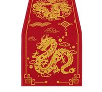 Wilitto Chemin de table motif dragon traditionnel drapeau chinois lunaire imprimé Nouvel An tissu épais pliable coutures fermes détails paillettes décoration heureuse rouge