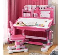 Wilitto Ensemble bureau et chaise pour enfants 2024 amélioré avec tiroir rabattable, crochets pour sac d'école et support de livre, porte-stylos rose
