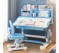 Wilitto Ensemble bureau et chaise pour enfants amélioré 2024 avec tiroir rabattable, crochets pour sac d'école et support de livre, porte-stylos - Bleu