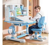 Wilitto Ensemble bureau et chaise pour enfants réglables avec rangement, table d'art inclinable à 50° avec chaise, pour chambre de garçons et filles, bleu