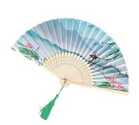 Wilitto Éventail pliable décoratif vintage en bambou avec imprimé floral en soie synthétique style chinois avec pendentif pompon pour femmes et filles D
