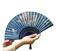 Wilitto Éventail pliable léger en bambou imprimé fleur oiseau portable style chinois vintage avec pendentif pompon pour danse, musique, festival, fête de mariage E