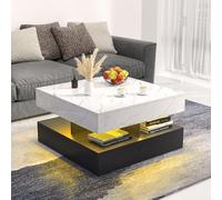 Wilitto Table basse LED pour salon, table centrale moderne à 2 niveaux, table basse carrée haute brillance avec lumière LED, table à thé en bois pour le salon, blanc et noir