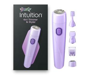 Wilkinson Sword Intuition 4in1 Trimmer & Styler, tondeuse visage et corps pour femme, rasoir électrique multizone avec 4 accessoires, trousse, brosse de nettoyage et 1 pile AA
