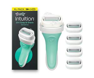 Wilkinson Sword Intuition Soap and Shave Sensitive pour femme, 5 recharges | Rasoirs 2-en-1 à 4 lames pour femme, peau sensible, savon végan intégré, aloe vera, ajouter simplement de l'eau, pack XL