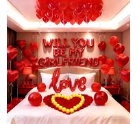 Will You Be My Girlfriend Ballons décoratifs rouges avec inscription « Love » avec cœurs - 1 000 pétales de rose artificiels - 24 bougies LED sans flamme pour décoration romantique et spéciale de
