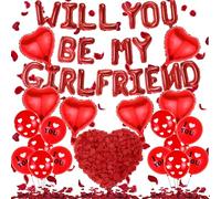 Will You Be My Girlfriend - Lot de 539 ballons décoratifs rouges en aluminium - Bannière en forme de cœur - Ballons imprimés - Pétales de rose - Pour anniversaire, demande en mariage, Saint-Valentin