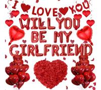 Will You Be My Girlfriend - Lot de 554 ballons rouges en aluminium avec lettres « I Love You » - Bannière en forme de cœur - Décoration en spirale - Pour anniversaire, Saint-Valentin, confession,