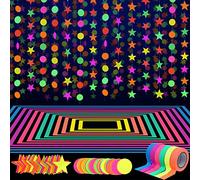 WILLBOND 127ft Neon Party Supplies Set, 6 Colors UV Blacklight Reactive Tape, Neon Paper Garlands Circle Dots Stars Hanging Decorations for Birthday Wedding Glow Party Decorations