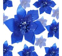 WILLBOND 24 Pcs 3 Size Poinsettia Flower Artificial Christmas Decor Glitter Poinsettia Christmas Ornaments Faux Flowers for Xmas Tree Outdoor(3.2/4/6 inches,Royal Blue)