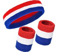 WILLBOND 3 Pièces Ensemble de Bandeaux, Comprend Bandeau de Sport et Sweatbands de Poignet Coton Rayé Sweat Band pour Les Hommes et Les Femmes Athlétiques (Rouge, Blanc et Bleu)