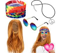 WILLBOND Ensemble de costume hippie 4 pièces : perruque, signe de paix, collier, lunettes de soleil et bandeau tie-dye, accessoires de fierté des années 60 et 70 (cheveux raides, marron doré)