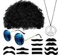 WILLBOND Kit de Costume de Hippie Perruque Afro Funky Lunettes de Soleil Collier de Signe Paix Moustache pour Soirée à Thème Rétro des Années 50/60/70