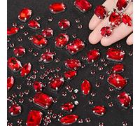 WILLBOND Lot de 156 strass à coudre en cristal, à dos plat et à griffes, pierres précieuses à sertir en métal et en verre acrylique pour vêtements, bricolage, artisanat, chaussures et robes, rouge
