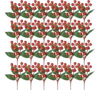 WILLBOND Lot de 24 branches de baies artificielles pour cueillir des baies de houx et des feuilles de houx - Décoration de fête - Rouge pailleté
