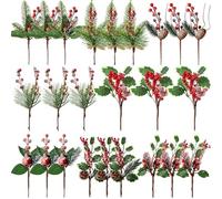 WILLBOND Lot de 24 pics de baies rouges artificielles de Noël avec branches de baies de pin, houx, pommes de pin artificielles pour Noël, travaux manuels, fête, décoration d'intérieur festive (style