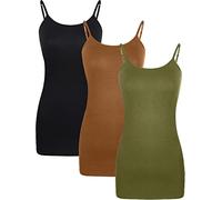 WILLBOND Lot de 3 débardeurs Basiques Longs pour Femme - Bretelles Spaghetti réglables, Noir, Vert armée, Chocolat, XL