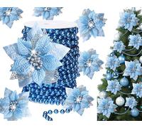 WILLBOND Lot de 36 fleurs de poinsettia artificielles à paillettes avec clips et perles artificielles pour sapin de Noël, couronnes, décorations de fête (bleu)
