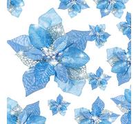 WILLBOND Lot de 36 Fleurs de Poinsettia artificielles à Paillettes pour décoration de Noël, Mariage, Sapin de Noël, Nouvel an (Bleu)