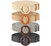 WILLBOND Lot de 4 ceintures tissées en paille élastique avec boucle en rotin pour femme, Couleur grain de bois, Medium