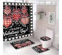 WILLBOND Lot de 4 rideaux de douche pour la Saint-Valentin avec tapis antidérapant, housse d'abattant de toilette, tapis de bain, motif écossais Happy Valentine's Day, rideau de douche à carreaux,