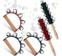 WILLBOND Lot de 5 clochettes de Noël avec poignée en bois - Cloches de Noël - Shaker de Noël - Cloches de Noël - Instruments de musique pour décoration de fête d'anniversaire de Noël - Rouge, vert