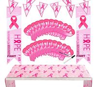 WILLBOND Lot de 54 décorations pour fête contre le cancer du sein : bannière de sensibilisation au cancer du sein, panneau de porche, ruban rose, fanion mural, ruban rose, chemin de table et ruban en