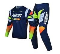 Willbros Combinaison de Pantalon en Maillot de Motocross Hommes MX Hors Route Équitation Adulte Vêtements de Course Bleu Blanc Jaune (Jersey S Pants 30)