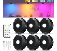 WILLED Eclairage Led Cuisine Sous Meuble Sans Fil, RGB Rechargeable Spot Led Sans Fil avec Télécommande, Lumières LED Auto-adhésives pour Cuisine, Armoire, Comptoir, Placard, Étagère, Lot de 6