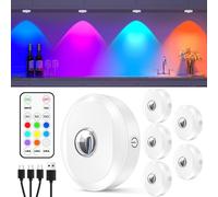WILLED Lot de 6 lampes rechargeables RVB avec télécommande, 1200 mAh sous armoire de cuisine, éclairage sous armoire à intensité variable avec fonction de minuterie, lumière tactile sans fil, 6 pièces