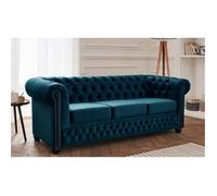 William - canapé Chesterfield - 3 places - en velours - Bleu canard