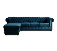 William - Canapé d'angle Chesterfield - 4 places - velours - Gauche - Bleu canard