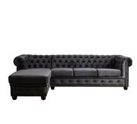 Lisa Design - Canapé Chesterfield d'angle Gauche - William en Velours - Sofa Gris Foncé 4 Places - Salon Chesterfield