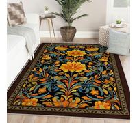 William Morris 120x180 Area Tapis Lavable Black carpette Vintage Golden Yellow Floral Leaves Descente de lit antiderapant Soft Bas Poil Large Indoor for Salon Salle a Manger Bureau
