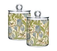 William Morris Iris and Bird Lot de 2 organiseurs de rangement en plastique transparent avec couvercle pour cotons-tiges, cotons-tiges, cure-dents, trombones, pinces à cheveux