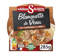 WILLIAM SAURIN - Plat Cuisiné - Blanquette de veau, Riz et Champignons à la Crème · Sans Conservateur · Prêt en 2 min Micro-Ondes · Veau Français - la barquette de 285g - Le Lot De 4
