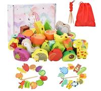 Willingood Lot de 42 Jouets éducatifs en Bois à Enfiler + 4 Cordes de Fil, Animaux Fruits légumes Perles Jouet pour Enfants Montessori Jouet bébé