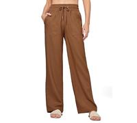 WILLIT Pantalon en lin pour femme - Pantalon d'été en coton - Couleur unie - Pantalon de jogging - Jambes larges - Pantalon de loisirs - Pantalon de plage décontracté avec poches, Caramel, 3XL