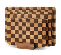 WILLKOMMEN Set de 3 Planches à Découper à Damier en Bois Massif à Grain Terminal, avec Support et Rainure Collectrice de Jus, Planche de Cuisine en Bois pour Préparation Culinaire et Service(S,M,L)