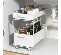 Willonin Étagère de Rangement Sous évier, Organisateur de Cuisine à 2 Niveaux Rangement Sous évier, Coulissant Organiseur pour Cuisine Armoire Salle de Bain, Acier au carbone,40*25.5*39.5cm (Blanc)