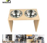 Willonin® Gamelles surélevés en bambou avec 2 bols fer amovibles, Hauteur 22cm pour animaux, Support à bar pour chat chien repas