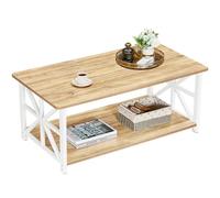 Willonin Table Basse｜Moderne de Salon｜avec 2 Niveaux Rangement,X-Frame Métallique Pieds et Tray Design｜ Rectangulaire Style Industriel Rangement à Deux Niveaux｜Marron Clair + Blanc