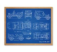 Willys MB US Military Jeep Vehicle Blueprint Plan Art Print Framed Poster Wall Decor 12x16 inch Militaire Bleu Affiche mur Déco