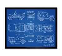 Willys MB US Military Jeep Vehicle Blueprint Plan Art Print Framed Poster Wall Decor 12x16 inch Militaire Bleu Affiche mur Déco
