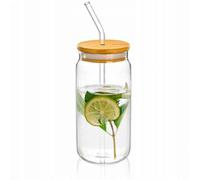 Wilmax - Gobelet en verre - Bouteille d'eau pour limonade avec couvercle en bambou et paille, 500 ml - Récipient en verre de haute qualité - Design moderne